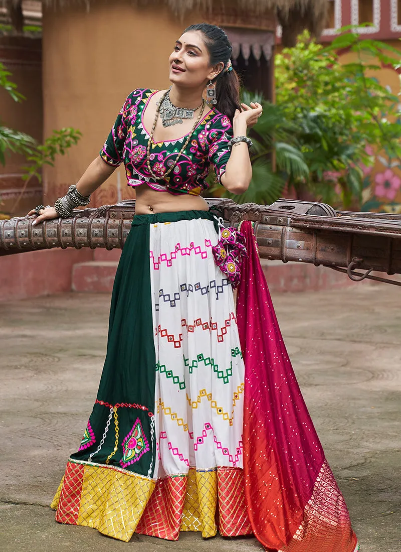 White And Green Multicoloured Kutchi Embroidered Chaniya Choli For Navratri