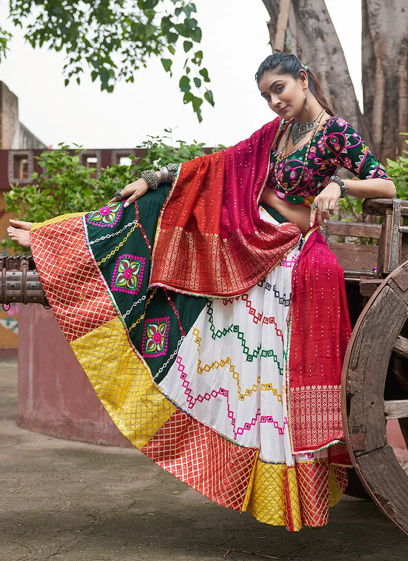 White And Green Multicoloured Kutchi Embroidered Chaniya Choli For Navratri