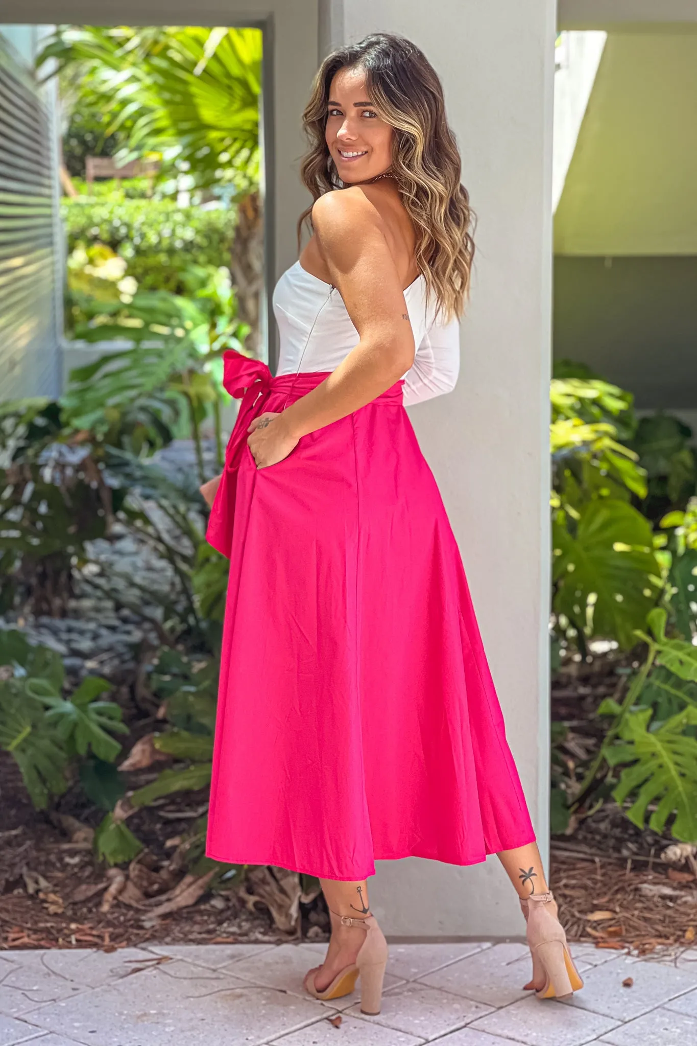 White And Hot Pink One Shoulder Midi Dress