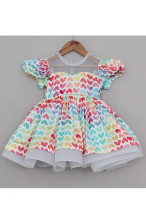 White And Multicolor Heart Printed Dress