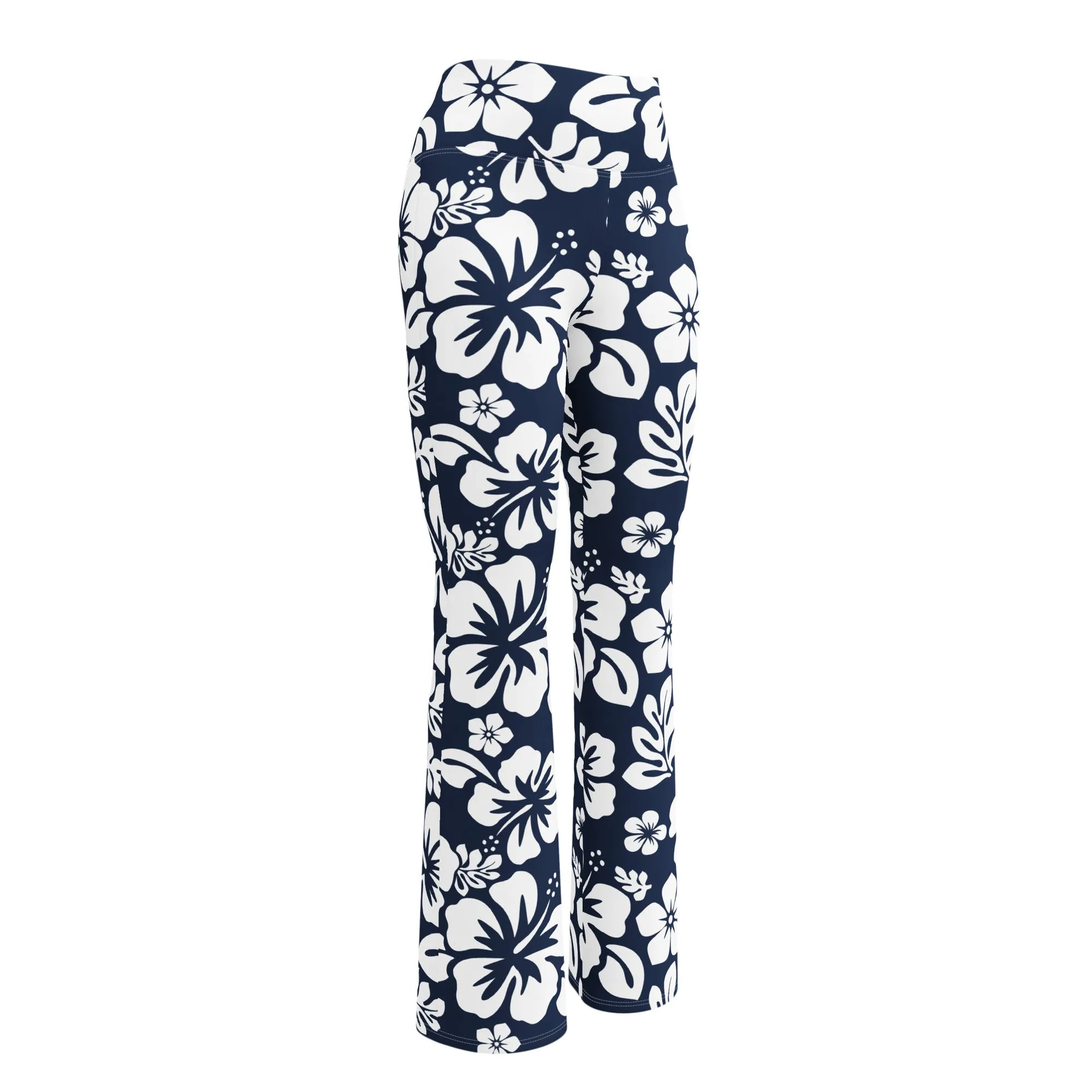 White and Navy Blue Hawaiian Flowers Flare Leggings