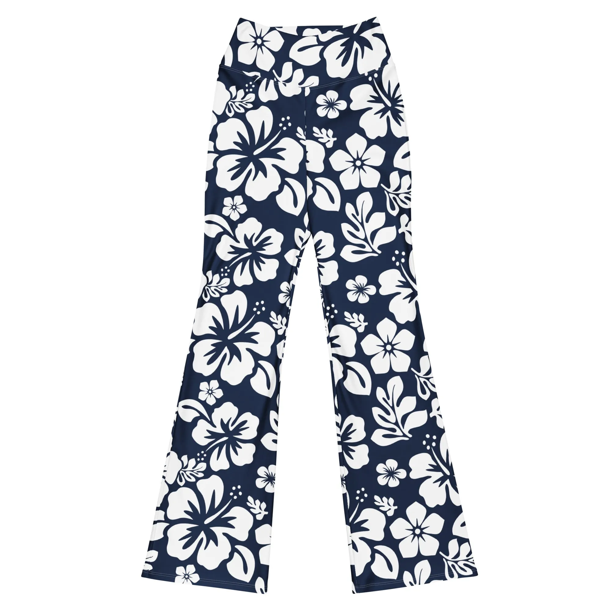 White and Navy Blue Hawaiian Flowers Flare Leggings