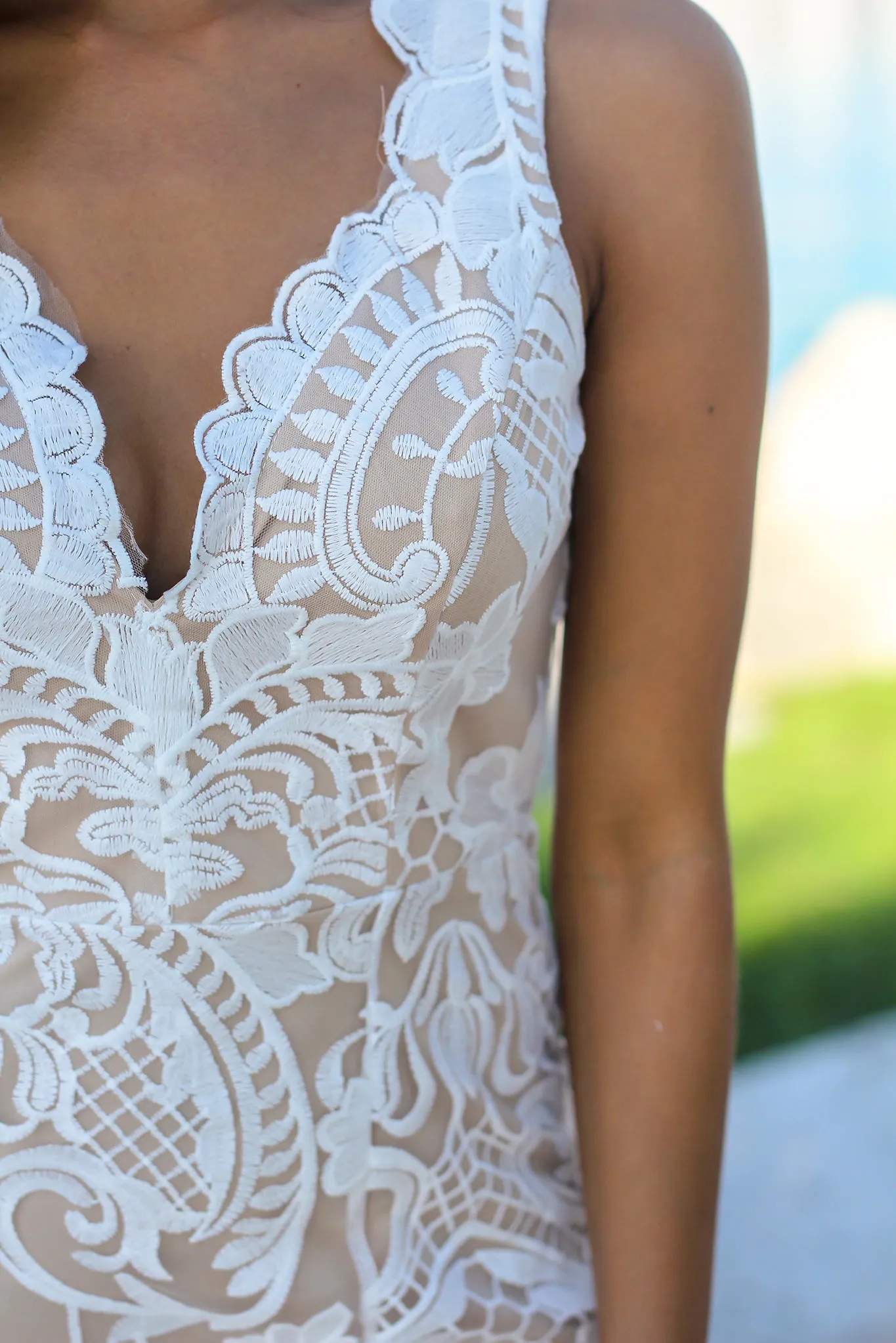 White and Nude Embroidered Maxi Dress