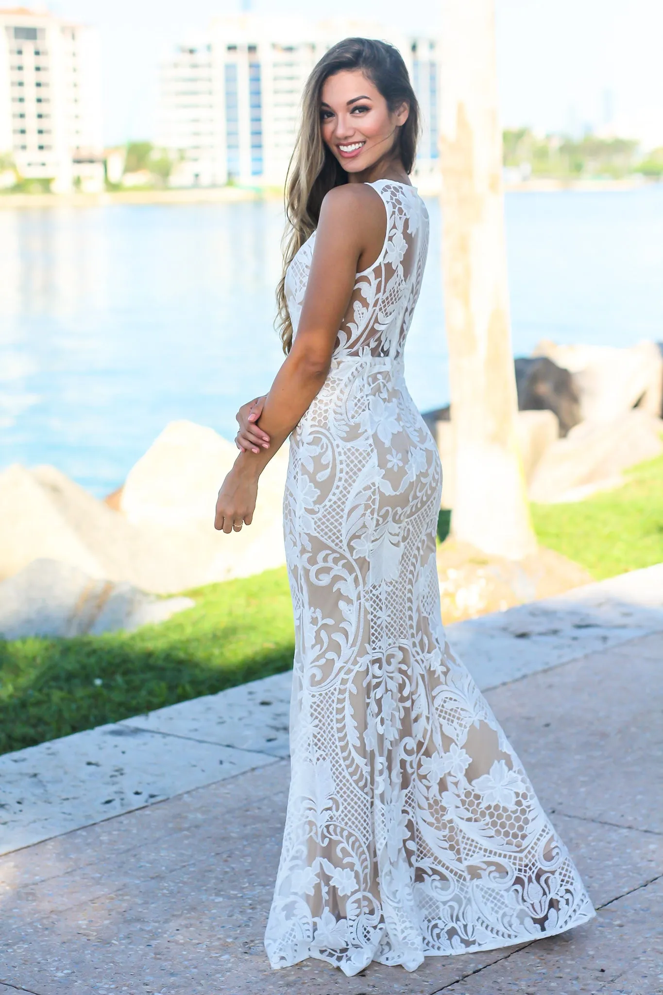 White and Nude Embroidered Maxi Dress