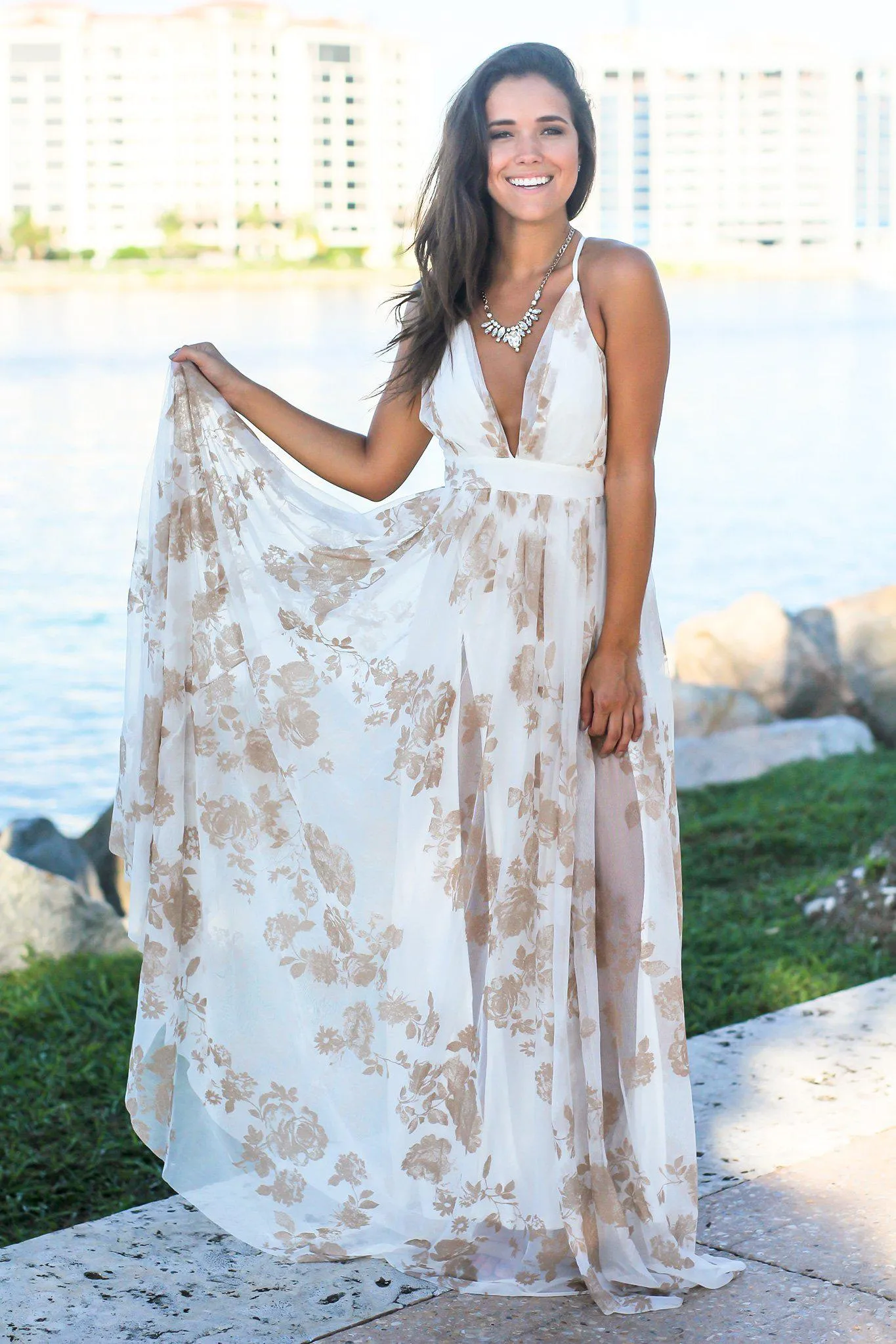 White and Nude Printed Tulle Maxi Dress with Criss Cross Back