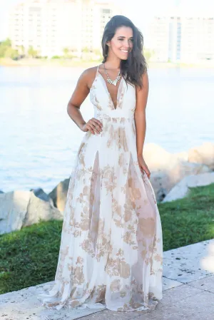 White and Nude Printed Tulle Maxi Dress with Criss Cross Back