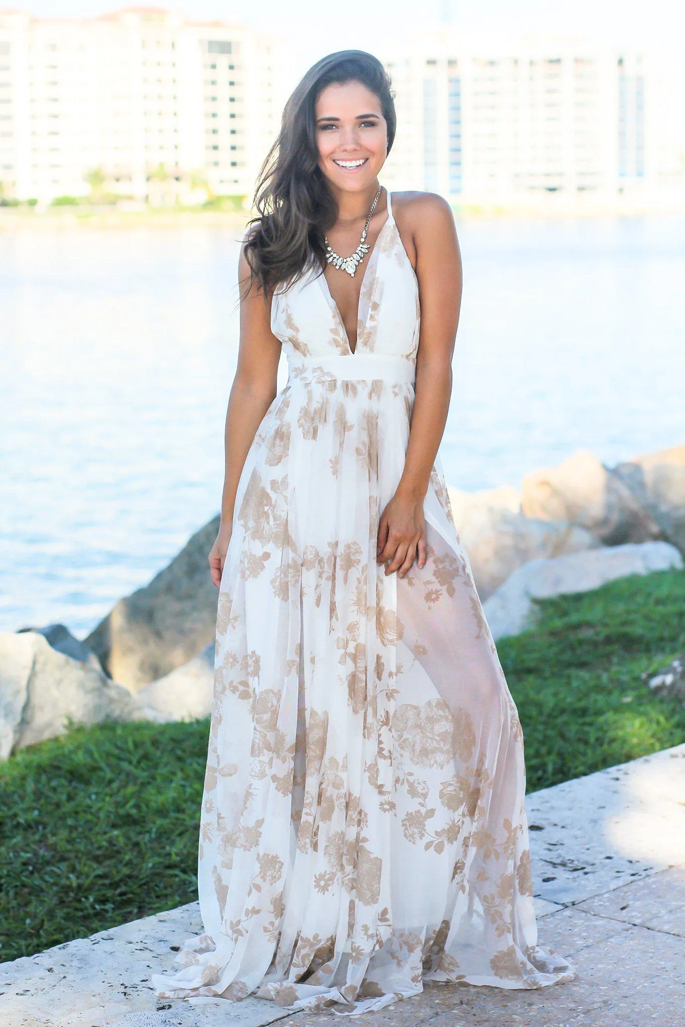 White and Nude Printed Tulle Maxi Dress with Criss Cross Back