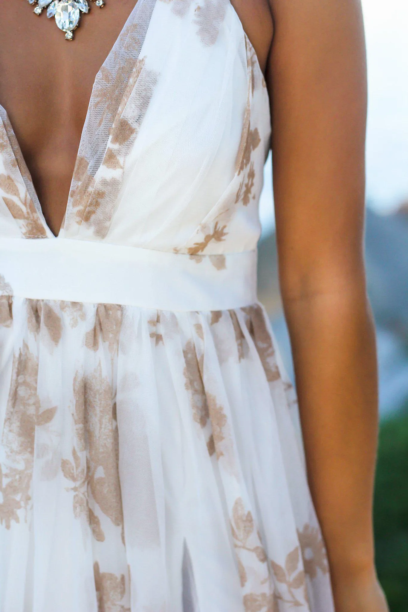 White and Nude Printed Tulle Maxi Dress with Criss Cross Back