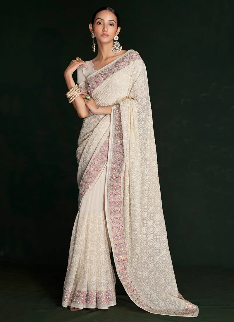 White And Pink Embroidery Lucknowi Saree