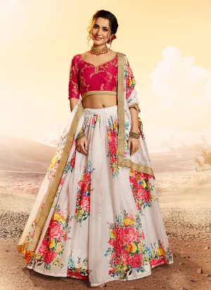 White And Pink Floral Printed Lehenga Choli