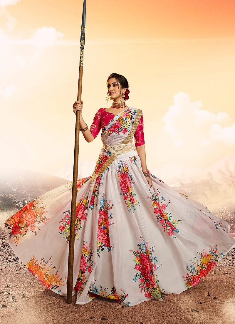 White And Pink Floral Printed Lehenga Choli