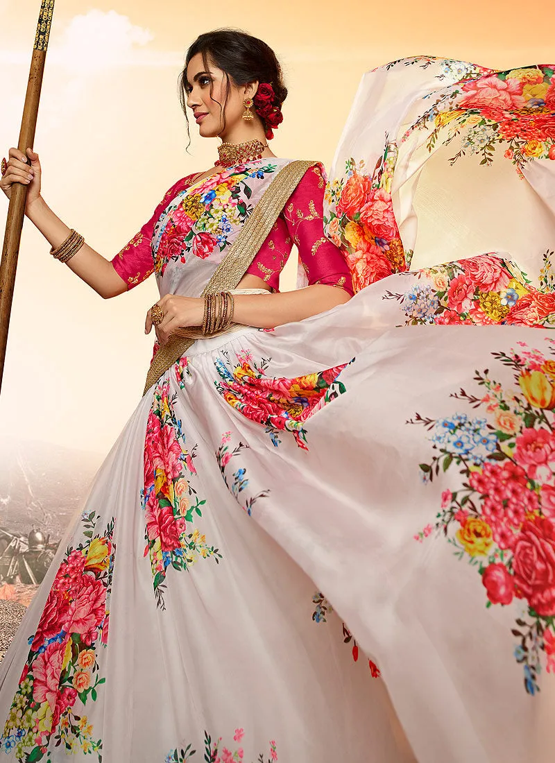 White And Pink Floral Printed Lehenga Choli