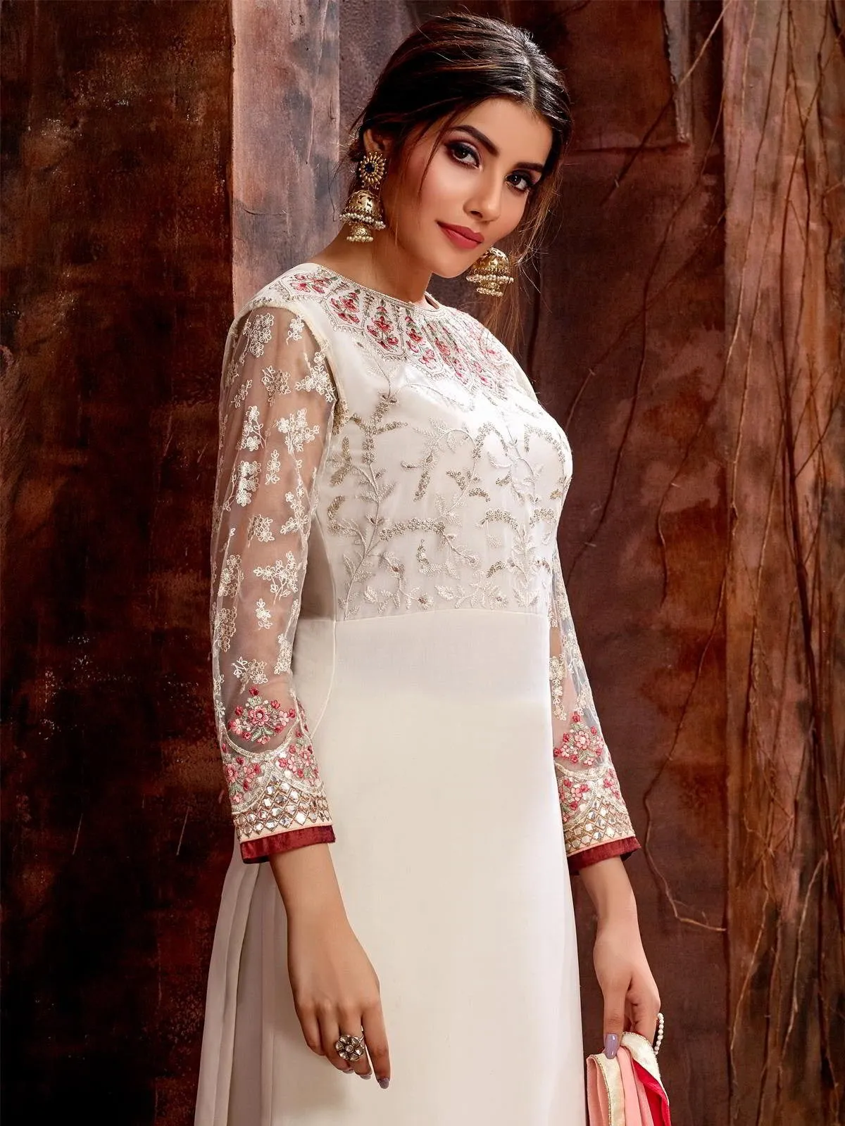 White And Pink Traditional Embroidered Pakistani Palazzo Suit