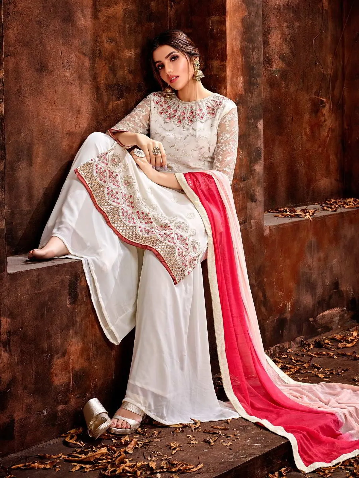 White And Pink Traditional Embroidered Pakistani Palazzo Suit