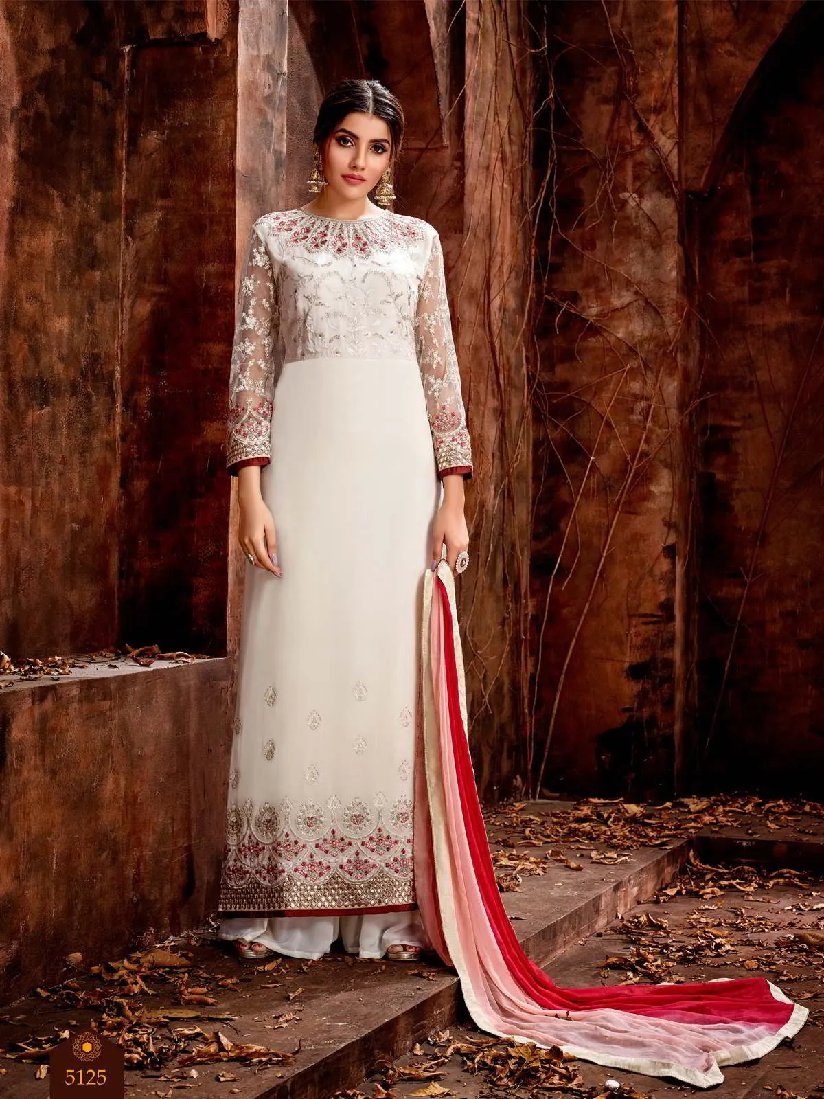 White And Pink Traditional Embroidered Pakistani Palazzo Suit