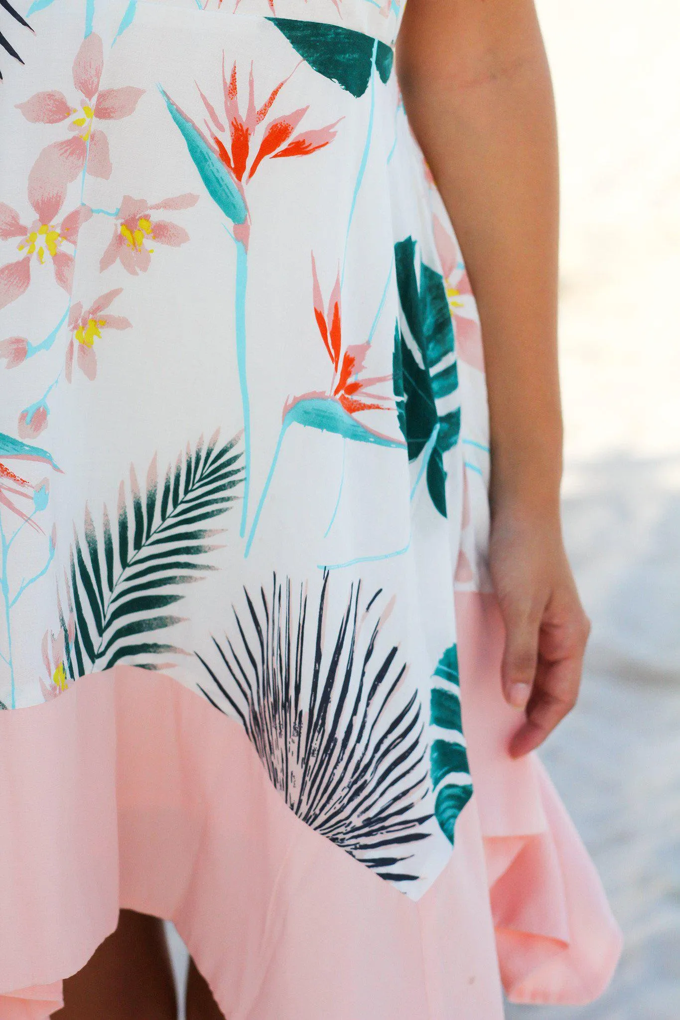 White and Pink Tropical Asymmetrical Short Dress