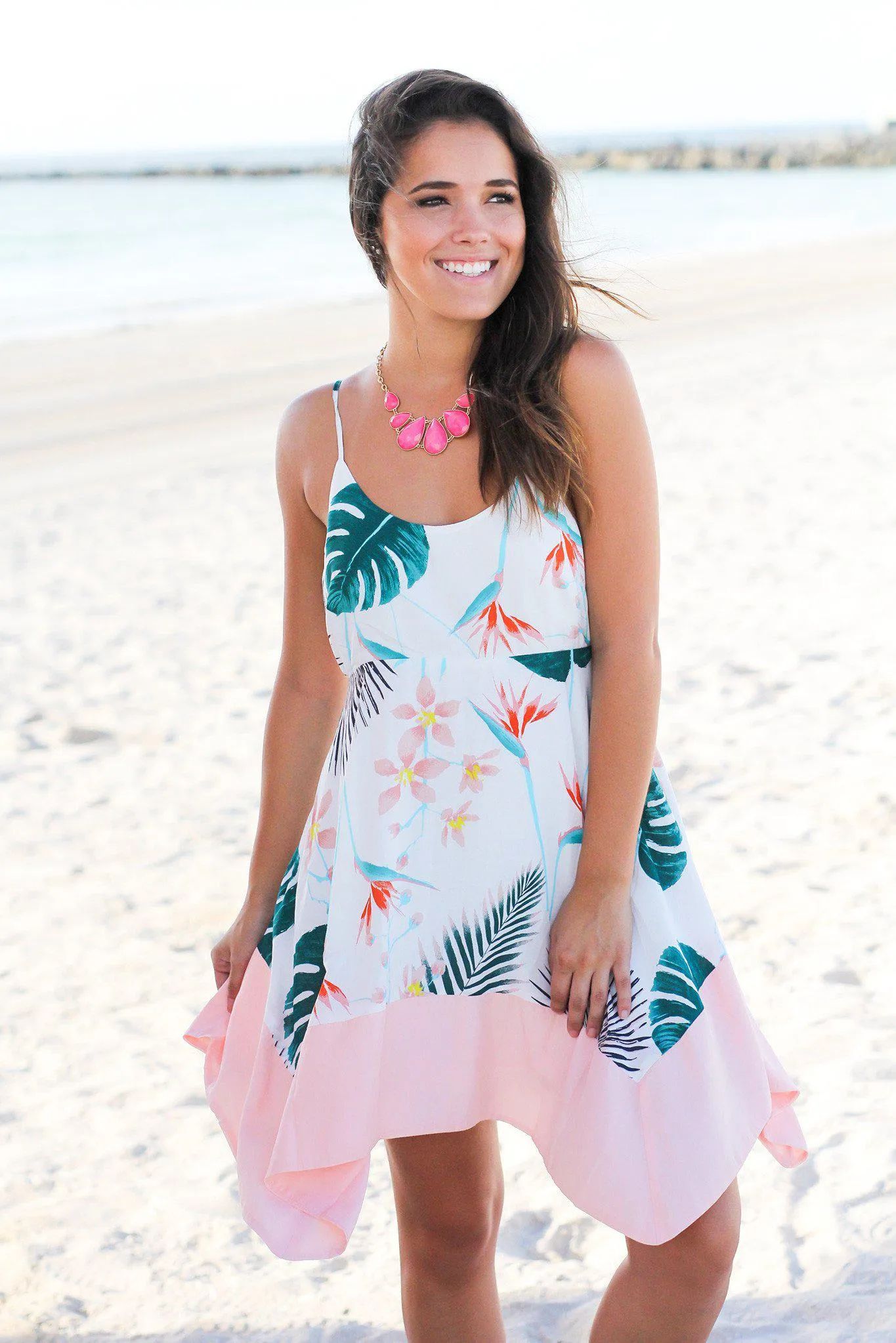 White and Pink Tropical Asymmetrical Short Dress