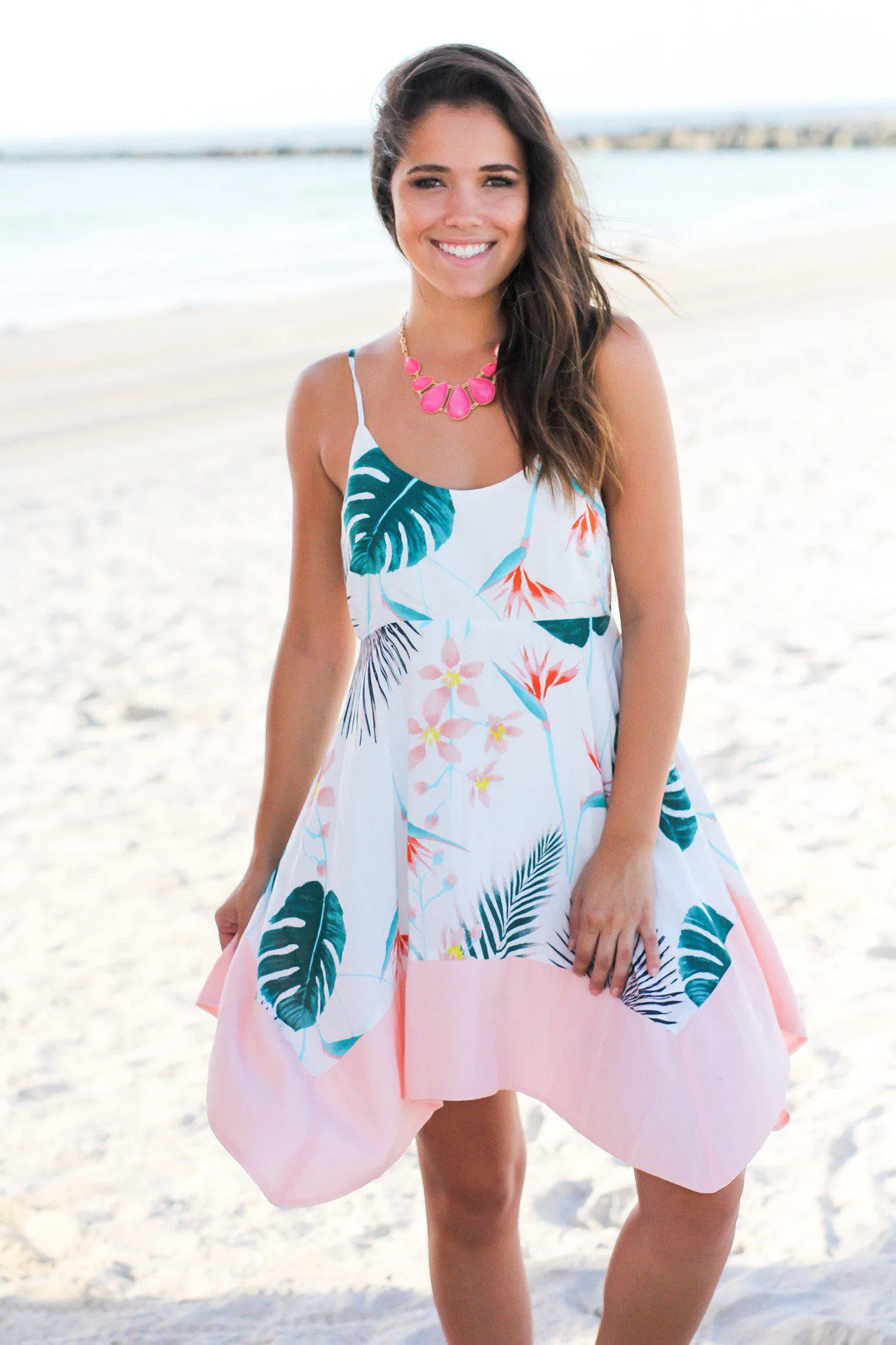 White and Pink Tropical Asymmetrical Short Dress