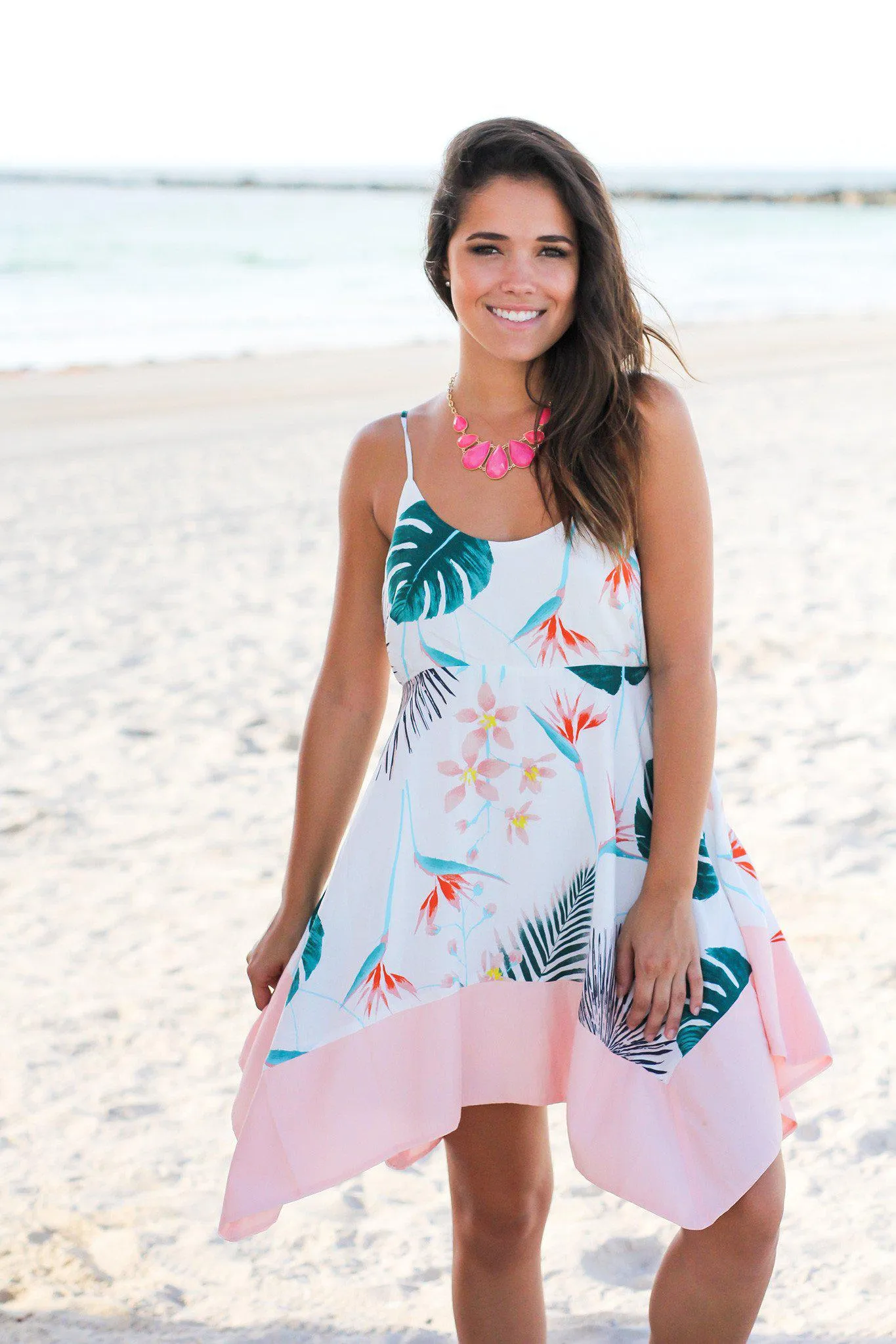 White and Pink Tropical Asymmetrical Short Dress