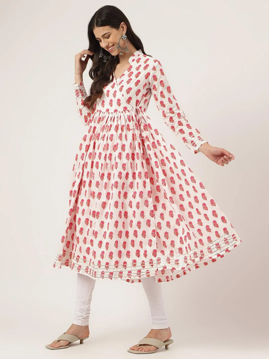 White And Red Floral Printed Angarakha Kurta