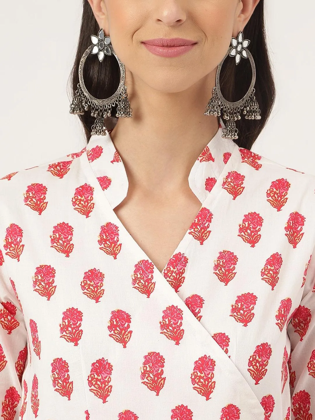 White And Red Floral Printed Angarakha Kurta