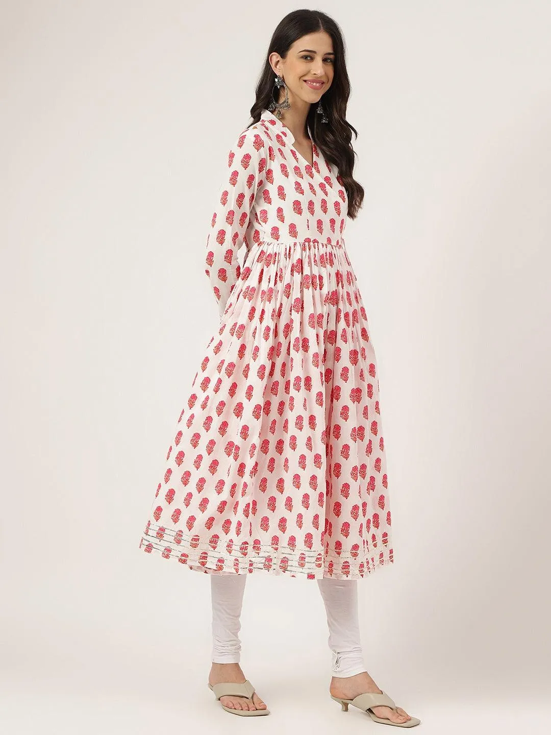 White And Red Floral Printed Angarakha Kurta