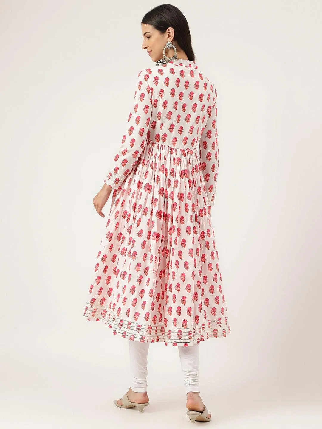 White And Red Floral Printed Angarakha Kurta