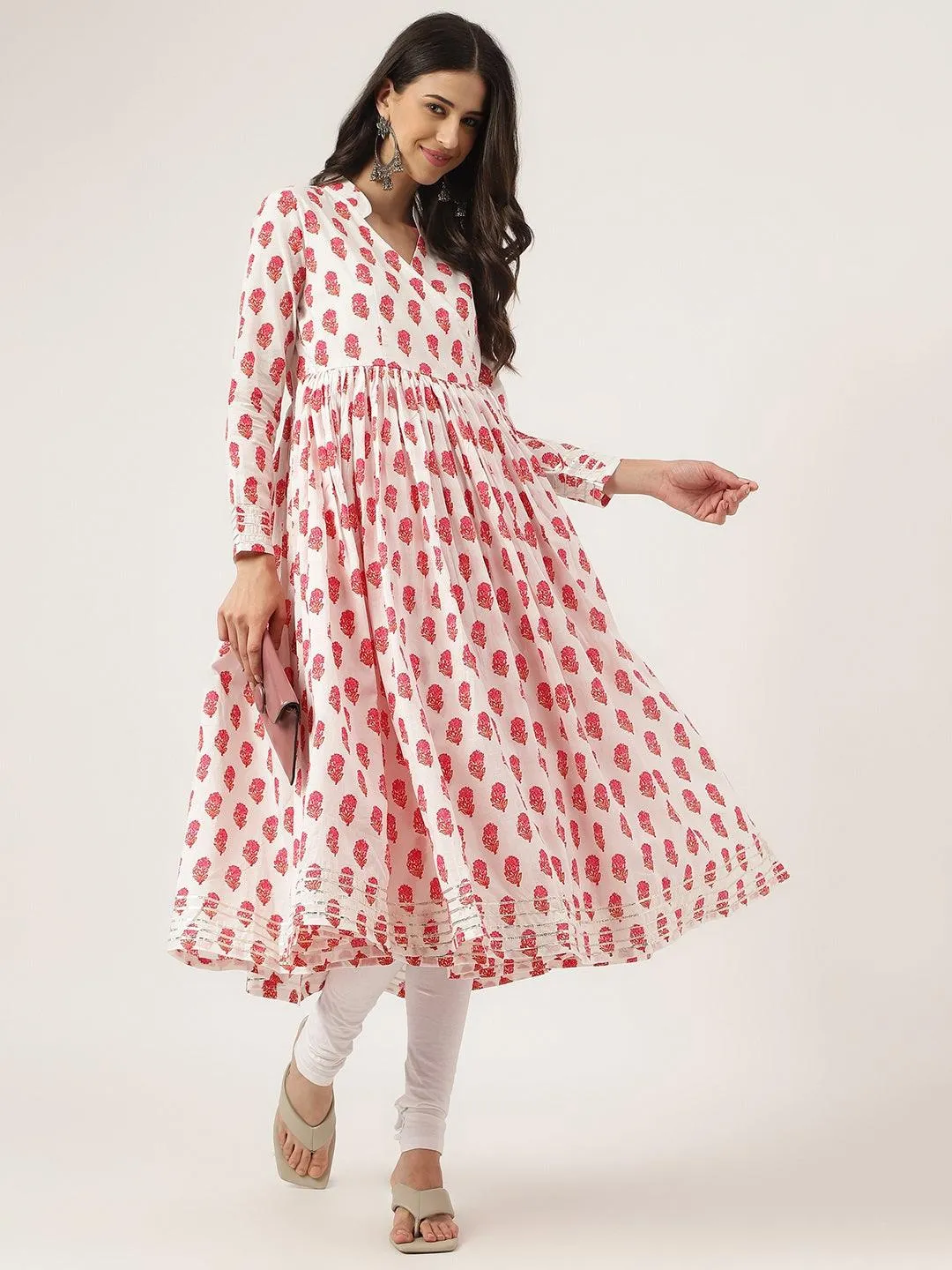 White And Red Floral Printed Angarakha Kurta