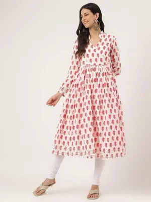 White And Red Floral Printed Angarakha Kurta