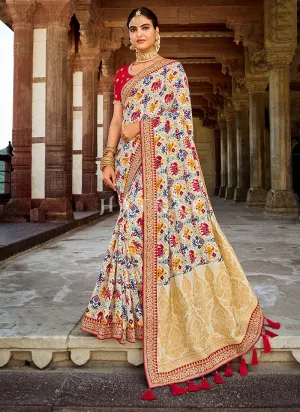 White And Red Multi Embroidered Silk Saree