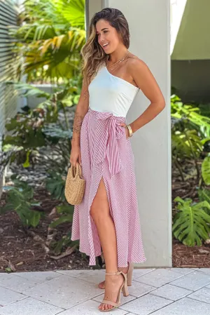 White And Red Striped Maxi Dress With Slit