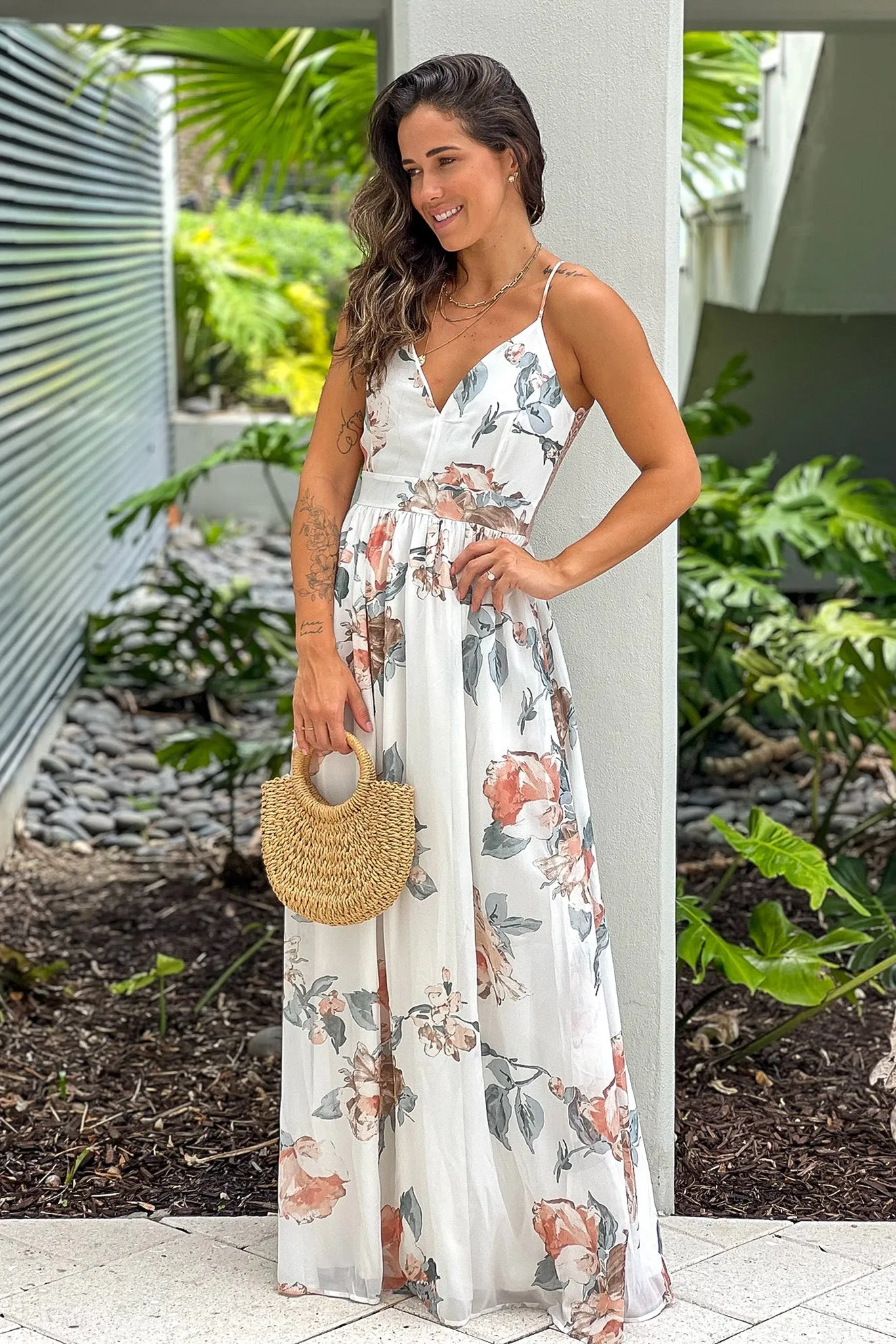 White And Salmon Floral Maxi Dress With Lace Back