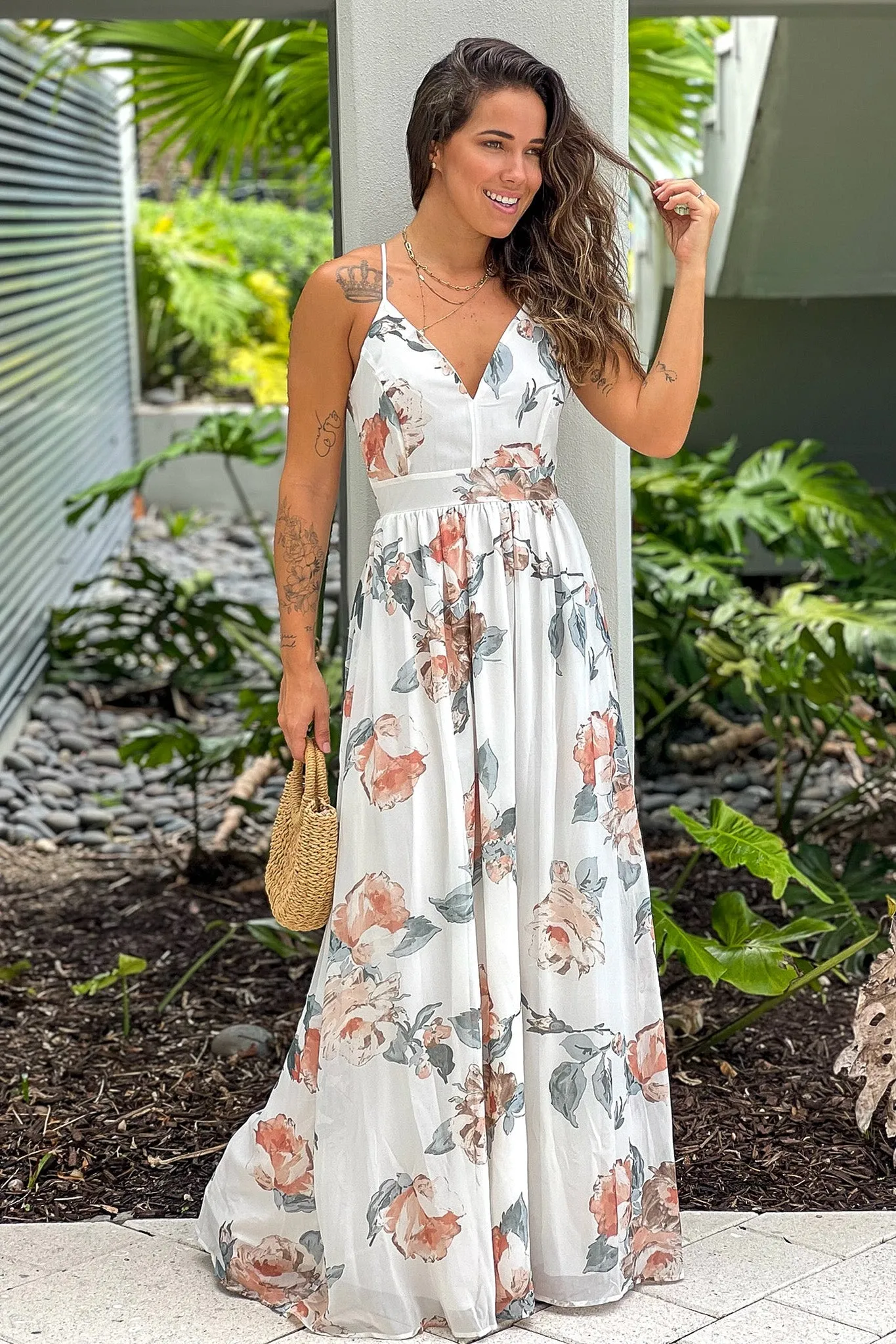 White And Salmon Floral Maxi Dress With Lace Back