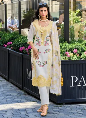 White And Yellow Floral Embroidery Pakitani Style Pant Suit