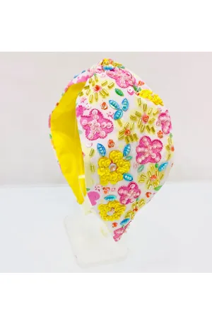 White And Yellow Flower Embroidered Pure Crepe Hairband