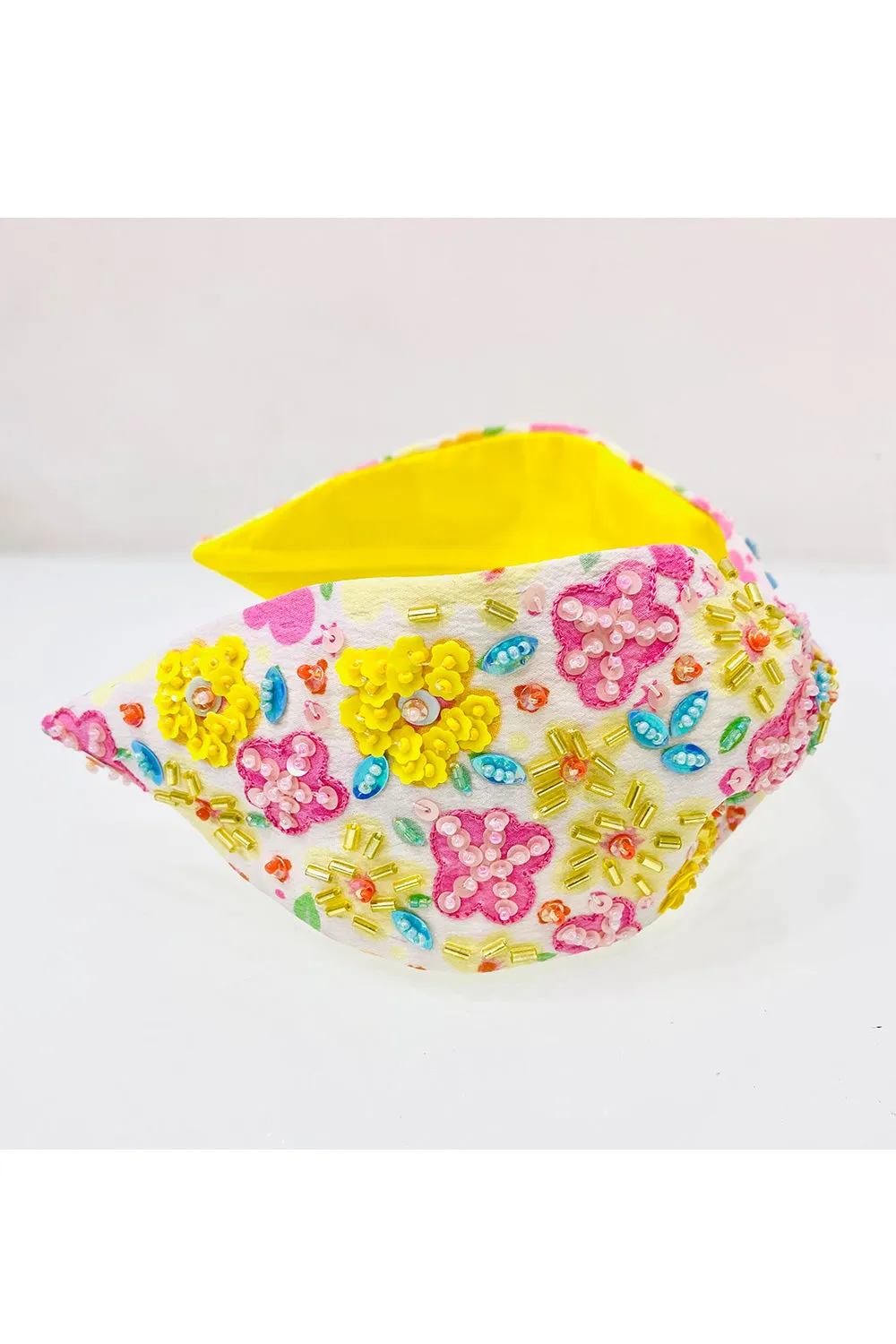 White And Yellow Flower Embroidered Pure Crepe Hairband