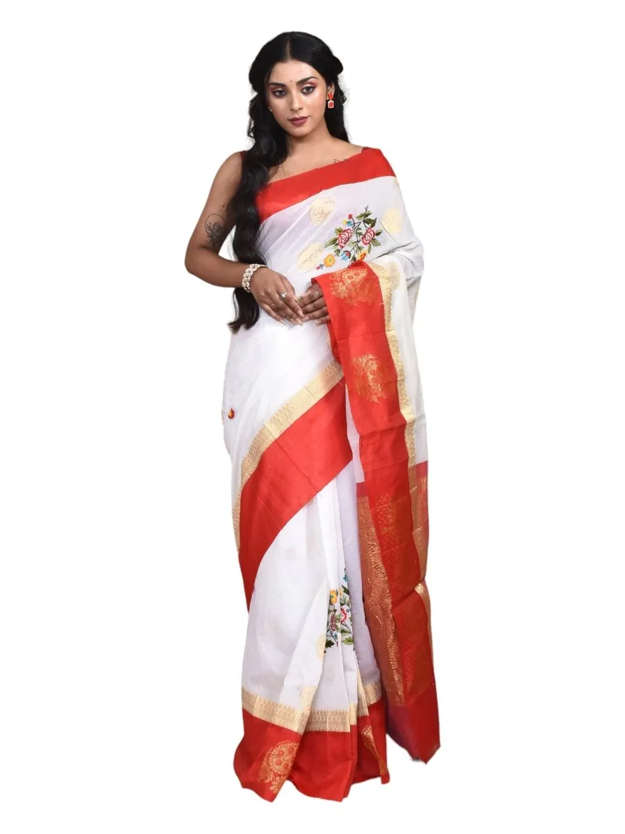 White Andhra Cotton Saree with Floral Embroidery and Red Border