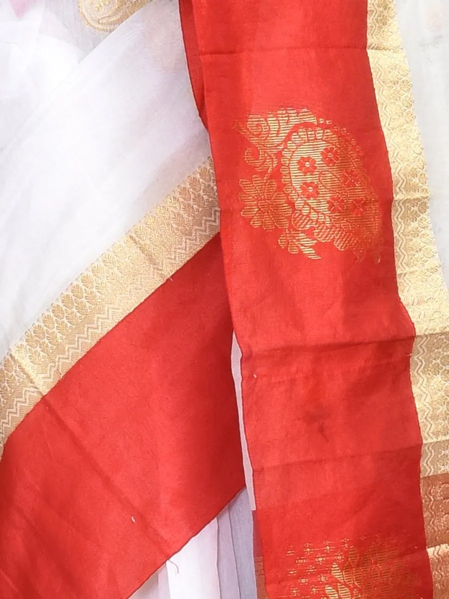 White Andhra Cotton Saree with Floral Embroidery and Red Border