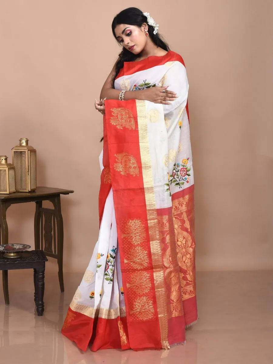 White Andhra Cotton Saree with Floral Embroidery and Red Border