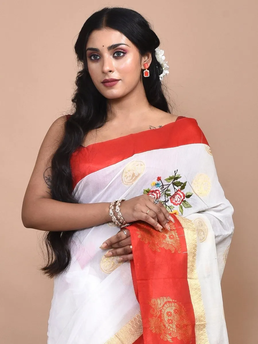 White Andhra Cotton Saree with Floral Embroidery and Red Border