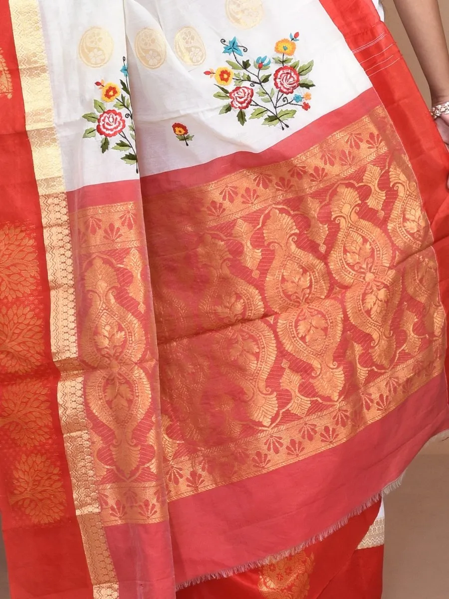 White Andhra Cotton Saree with Floral Embroidery and Red Border