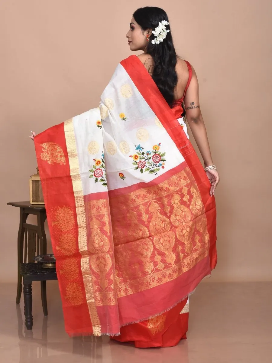 White Andhra Cotton Saree with Floral Embroidery and Red Border