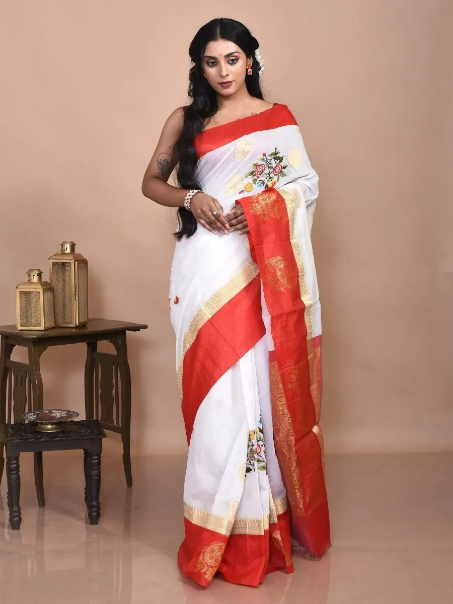 White Andhra Cotton Saree with Floral Embroidery and Red Border