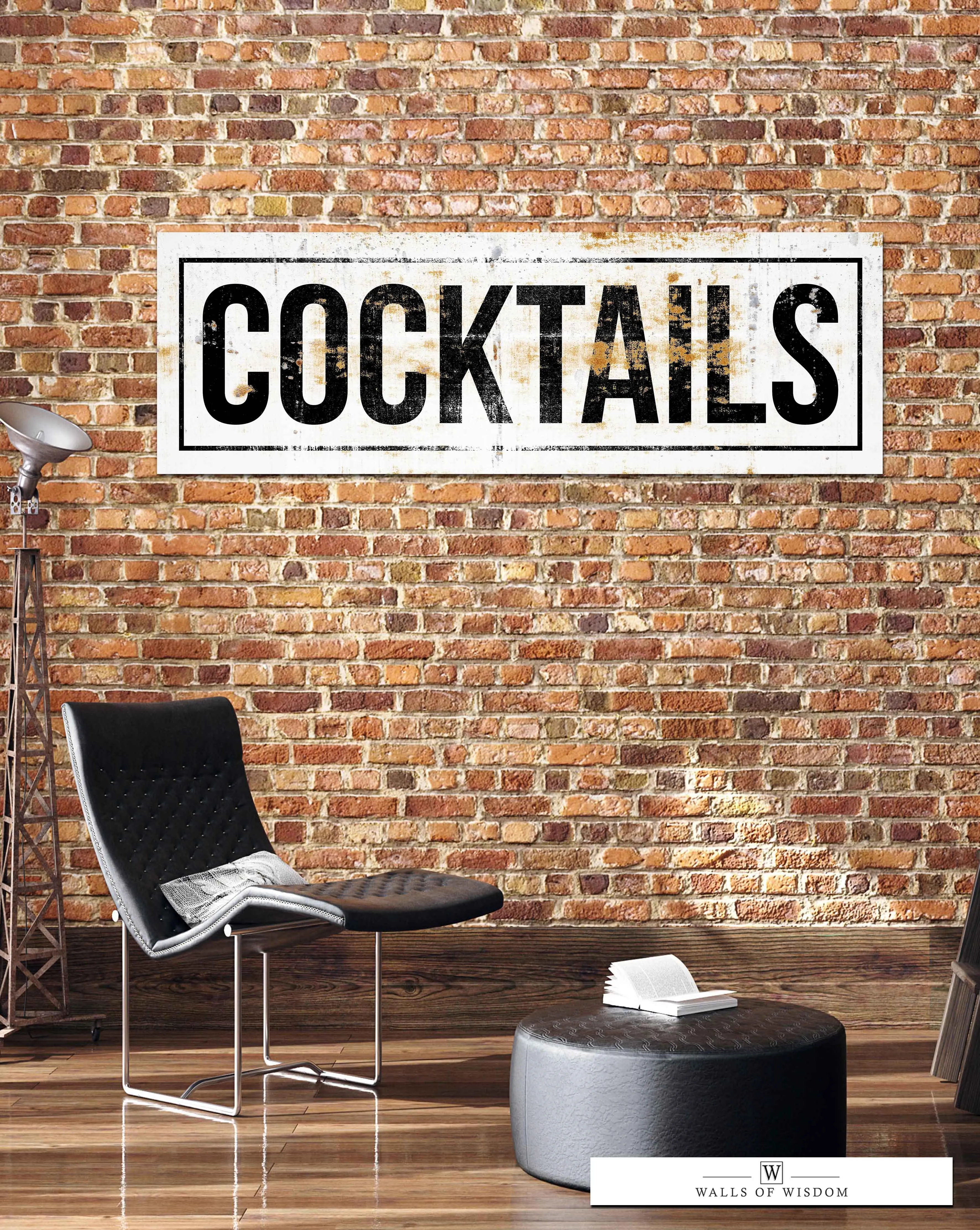 White Art Deco " Cocktails"  Bar Sign Canvas Wall Art  - Industrial Loft Bar & Lounge Decor