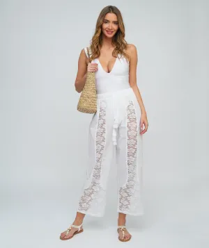 White Beach Trousers with Lace Panel Front and Elastic Waistband