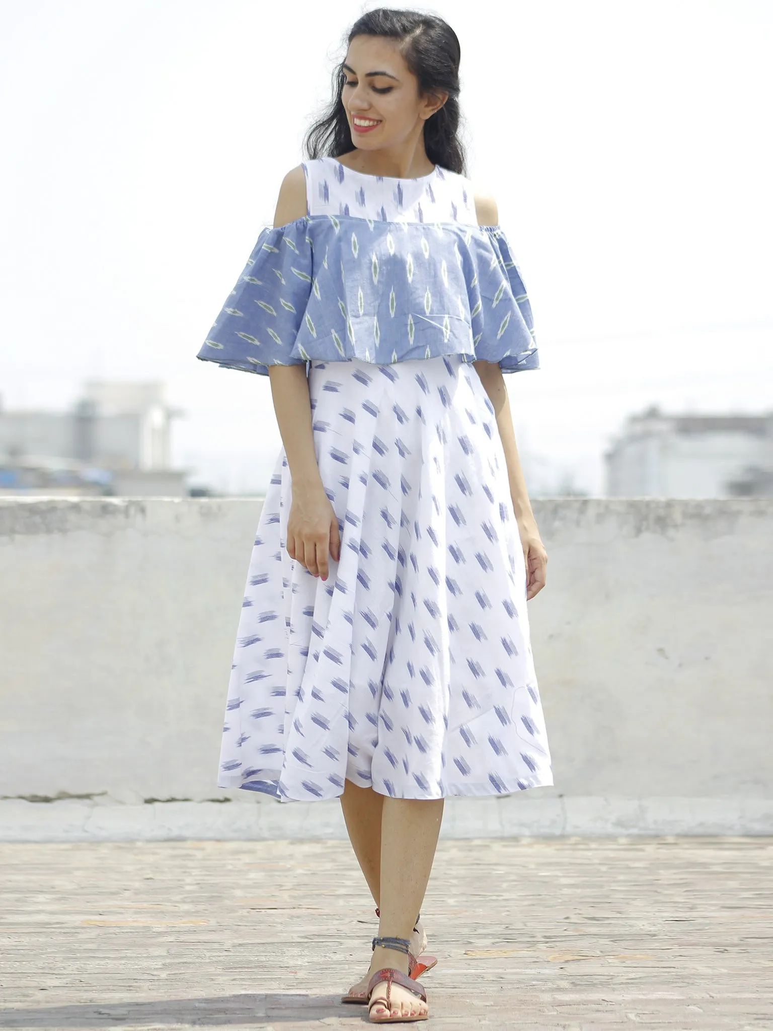 White Blue green Handloom Ikat Cold Shoulder Cotton Dress -  D110F938