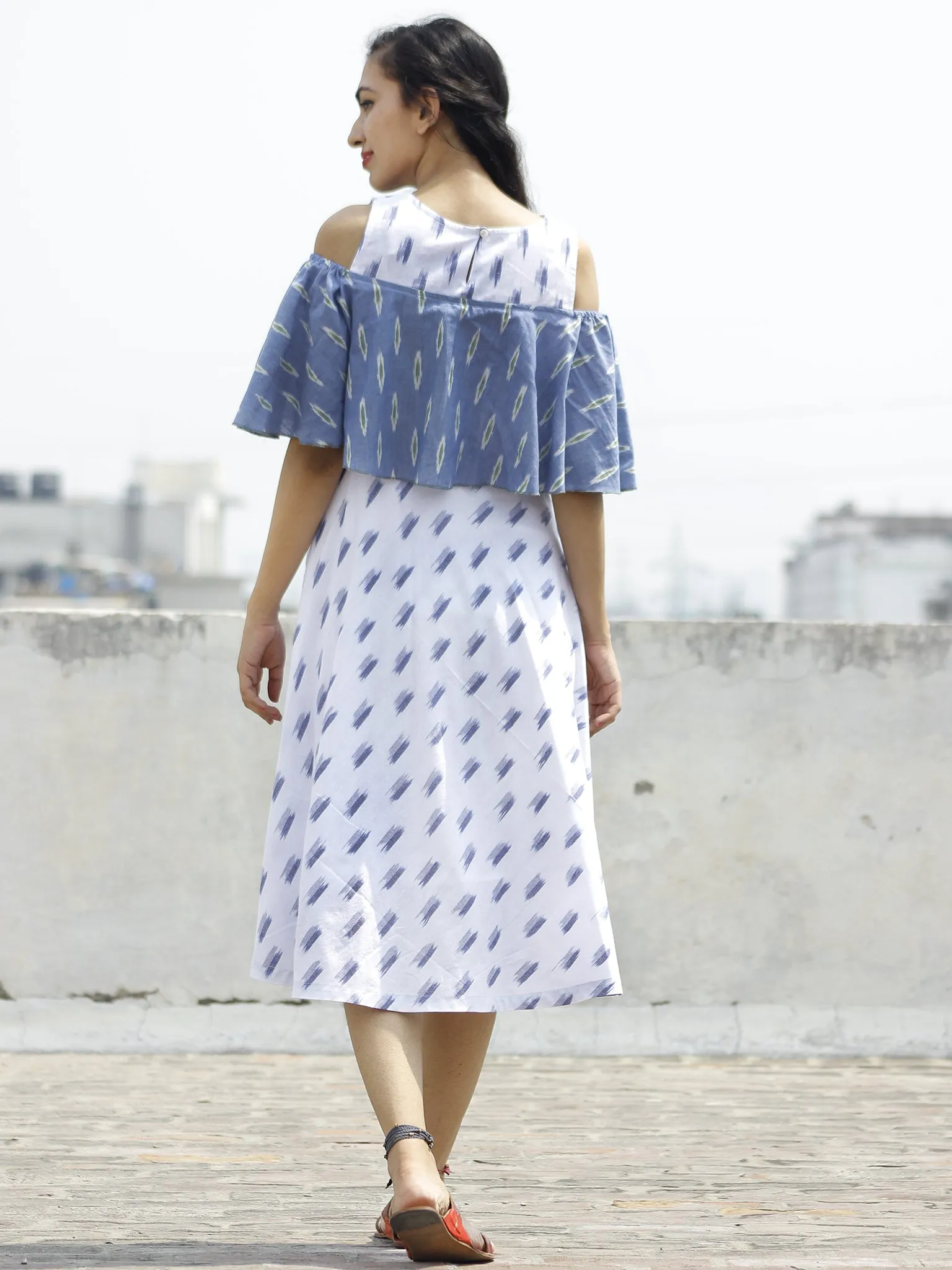 White Blue green Handloom Ikat Cold Shoulder Cotton Dress -  D110F938