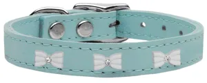 White Bow Widget Genuine Leather Dog Collar Baby Blue 16