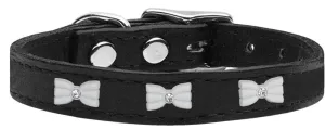 White Bow Widget Genuine Leather Dog Collar Black 18