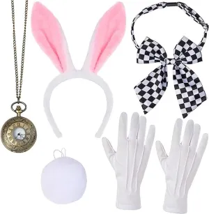 White Bunny Accessory Set with Headband Bow Tie, Tail, Gloves, Pocket Watch